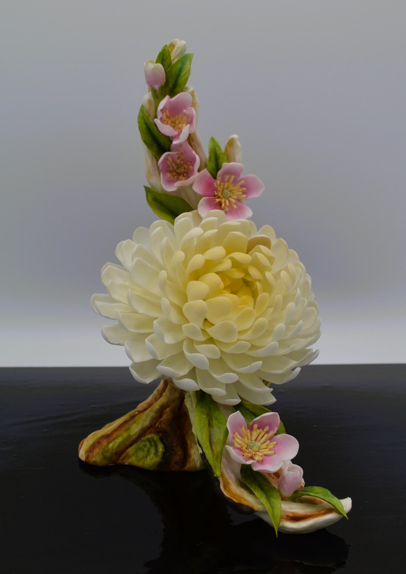 Boehm Porcelain Light Yellow Chrysanthemum Floral, 1986: Fine Bone Porcelain, Decorated, hand created and hand painted by the Artisans of the Boehm Studios in Malvern, England, UK. Featuring the Chysanthemum Floral Sculpture. The Chysanthemum is featured in