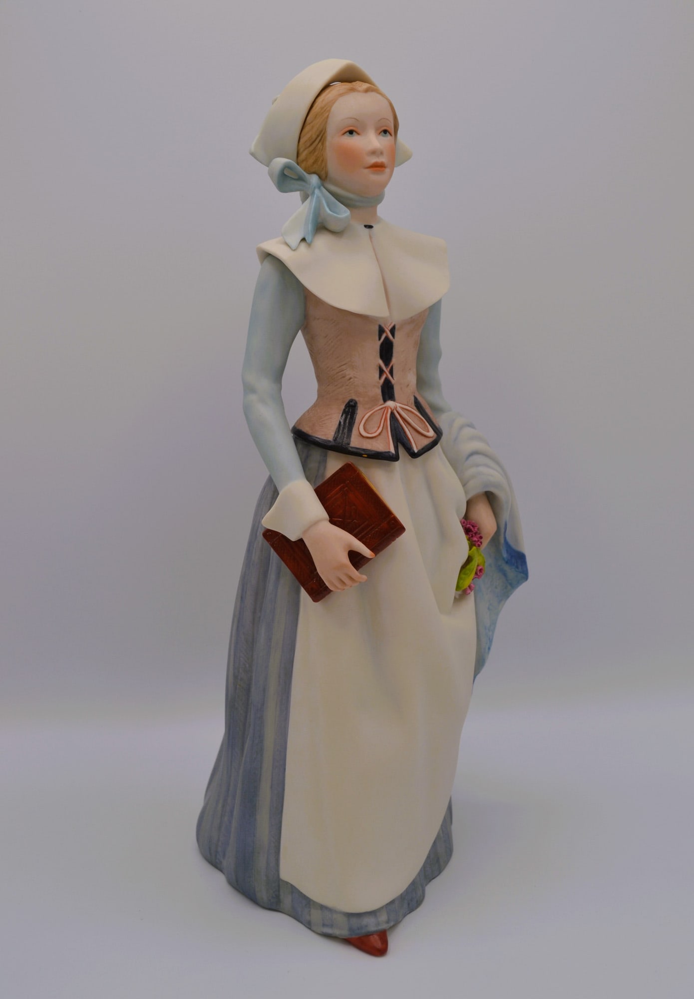 Cybis Porcelain Priscilla Sculpture, 1976: Bisque Porcelain Decorated, hand created, hand painted by the Artisans of the Cybis Studio in Trenton, NJ, USA. Featuring the Sculpture of "Priscilla" from the Portraits in Porcelain Collection. Hallm