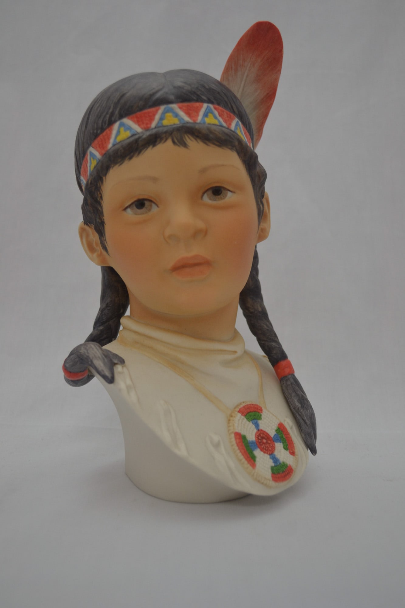 Cybis Porcelain Indian Girl Head Sculpture, 1975: Bisque Porcelain Decorated, hand created, hand painted by the Artisans of the Cybis Studio in Trenton, NJ, USA. Featuring the Sculpture of the Indian Girl Head from the North American Indians Series C