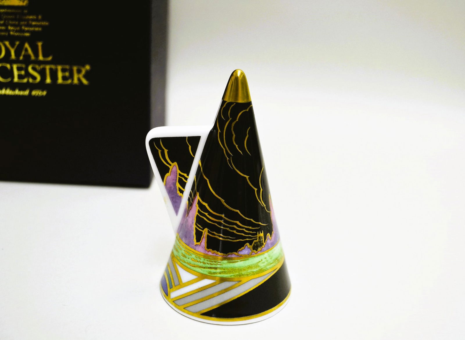 Royal Worcester Porcelain Old Windmill Candle Snuffer, 2001: English Fine Bone China, Glazed Porcelain Decorated, hand created, hand painted by the Artists of the Royal Worcester Studio. From the Connoisseur Collection, featuring an Art Deco Style Candle Snuffe