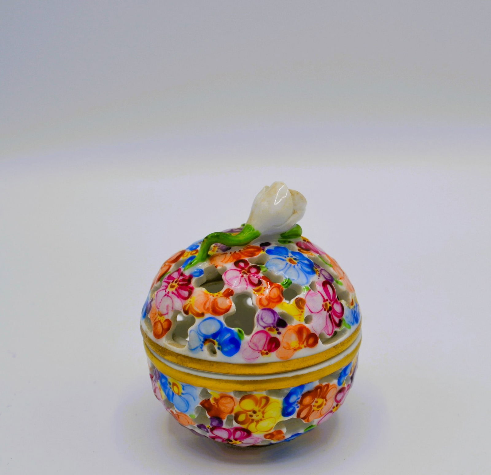 Herend Porcelain Floral Openwork Ball Bonbon With Bud Finial (1 of 3)