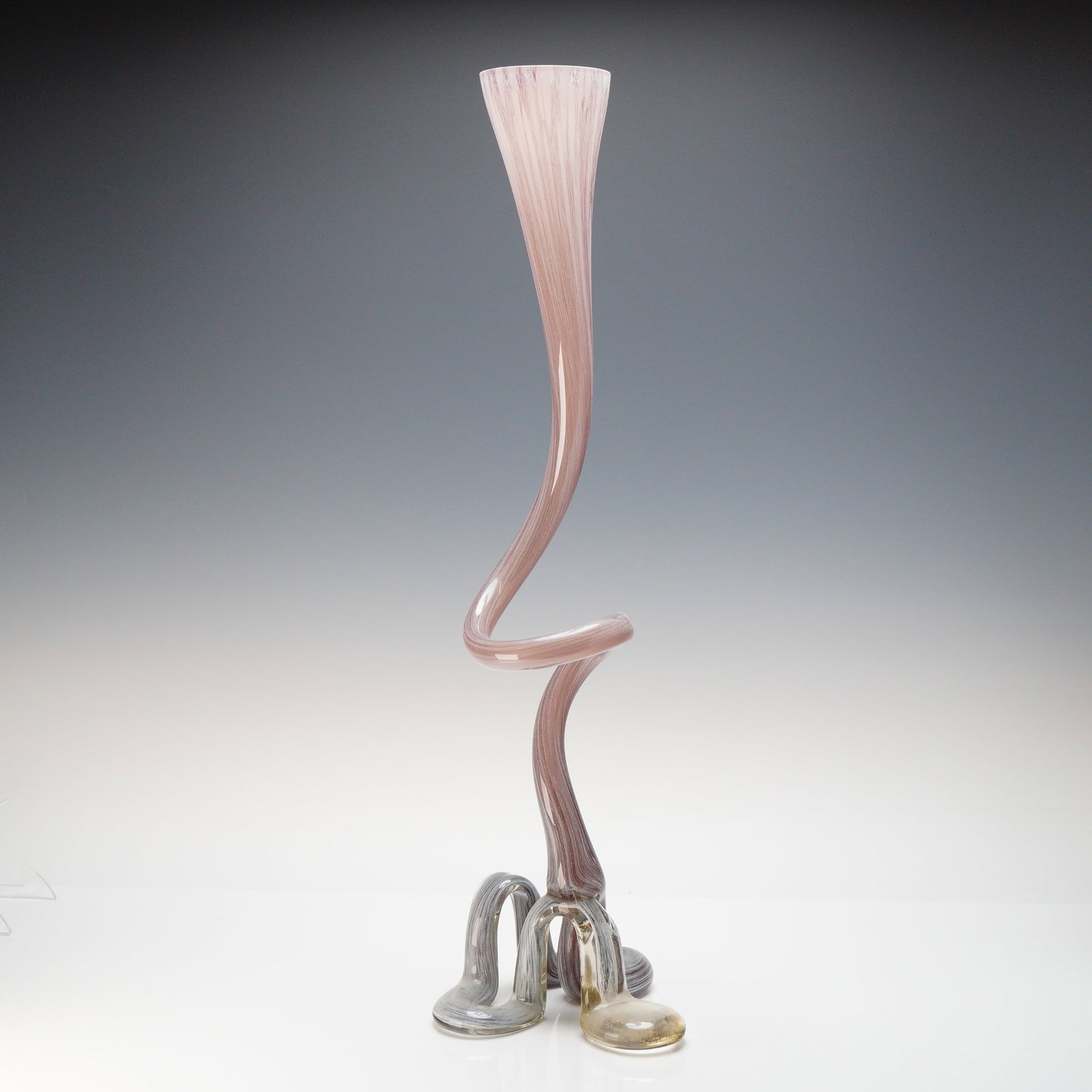 Murano Sculptural Art Glass Trumpet Vase: A sculptural art glass vessel, likely dating to the mid-to-late 20th century or contemporary period. The form is highly organic and asymmetrical, featuring a tall, slender, serpentine neck that termin
