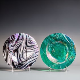 Pair of Large Contemporary Iridescent Studio Art Glass Console Bowls