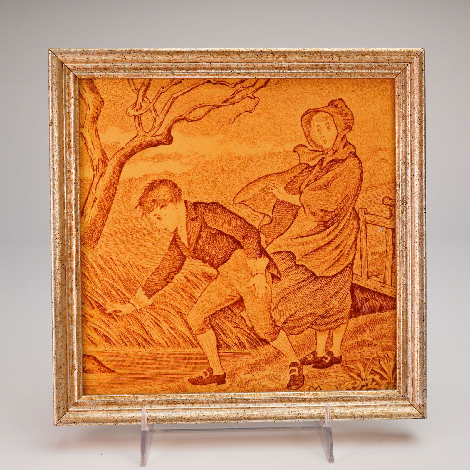 Josiah Wedgwood & Sons Etruria Months of the Year Series Tile, March: A monochromatic, sepia-toned ceramic tile featuring a molded relief design that mimics a fine line engraving, characteristic of Victorian illustration. The subject matter is a 19th-century genre scene