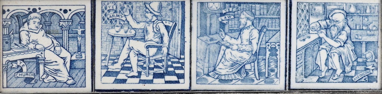 Wedgwood Etruria Tiles, Aesthetic Movement Blue & White Stoneware: This collection consists of four stoneware tiles by Josiah Wedgwood & Sons, Etruria, dating to the Aesthetic Movement period (c. 1870). The tiles are decorated in a blue and white palette, depicting a