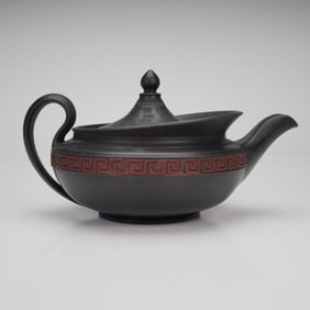 Wedgwood Black Basalt Teapot with Lid, Neoclassical Greek Key Band