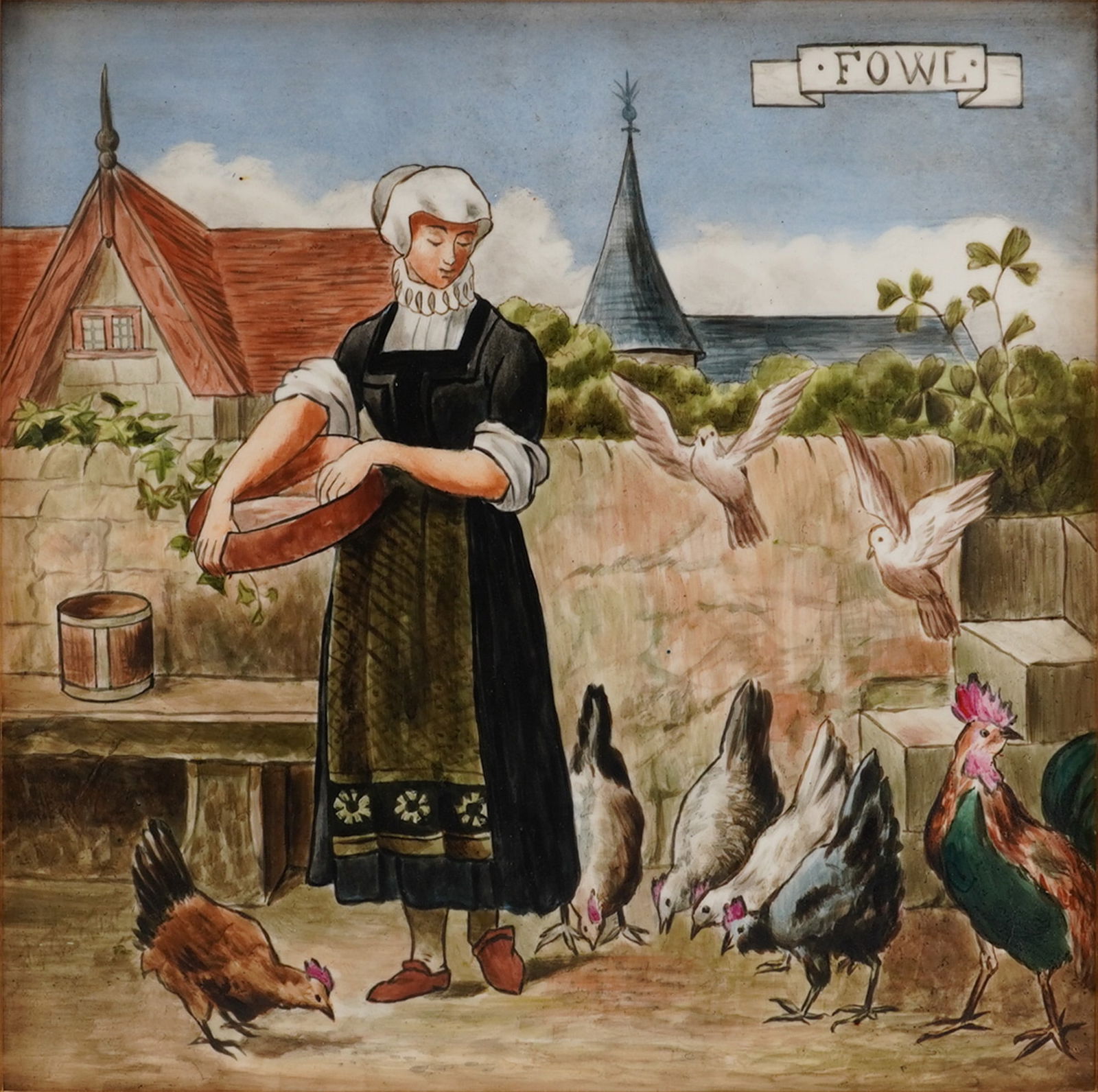 Doulton & Co Framed Tile Panel by Henry Stacy Marks, Fowl: Doulton and Co tile panel by Henry Stacy Marks, framed, depicting fowl at feed. Fine detail and lively naturalistic character, set in a period style wooden frame. Late nineteenth century artist design
