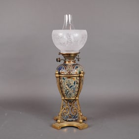Doulton Lambeth by Mark V. Marshall Stoneware and Brass Oil Lamp