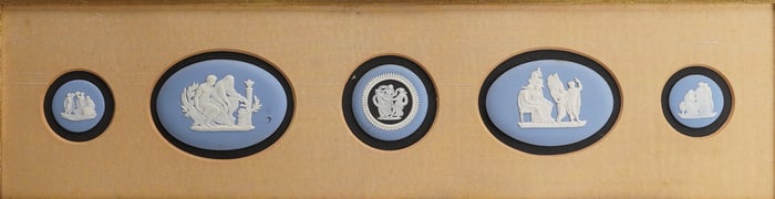 A Collection of 5 Framed Wedgwood Blue Jasperware Plaques