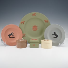 Six Wedgwood Jasperware Horse Theme Ceramic Boxes and Plates