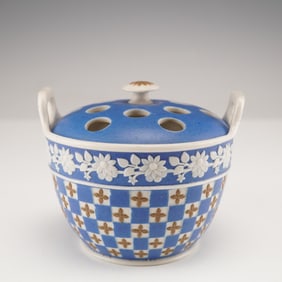 Spode Blue and White Floral Checkerware Potpourri or Flower Holder with Lid