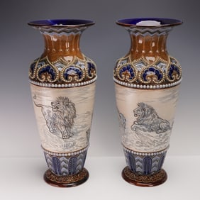 Pair of Doulton Lambeth Hannah Barlow Stoneware Animal Motif Vases