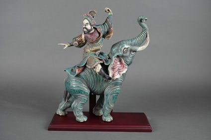 Chinese Earthenware Roof Tile Figure - Warrior on Elephant, Polychrome