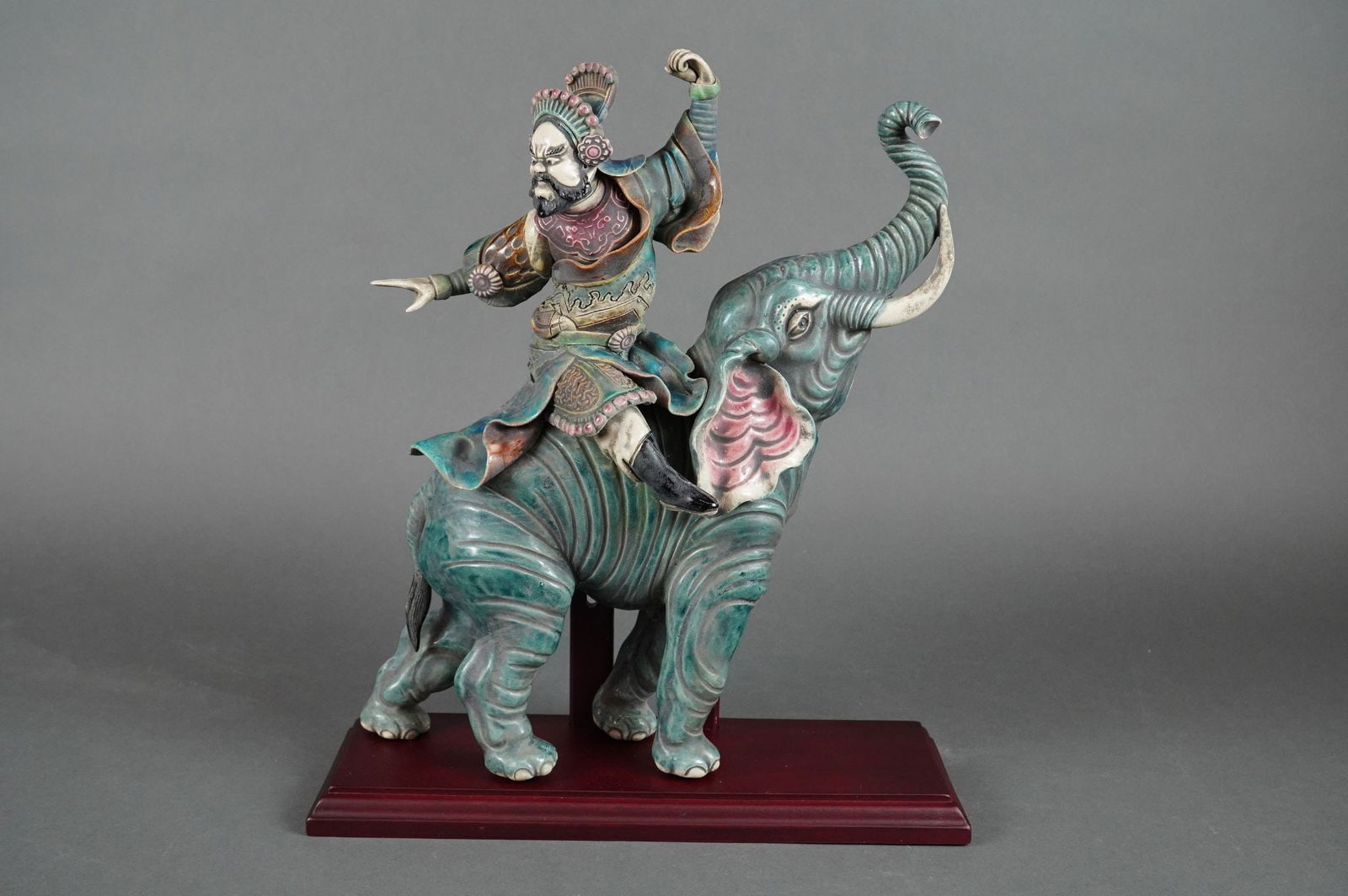 Chinese Earthenware Roof Tile Figure - Warrior on Elephant, Polychrome