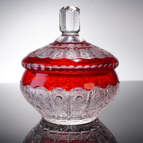 Indiana Glass Diamond Point Cranberry Cased Lidded Candy Dish Compote