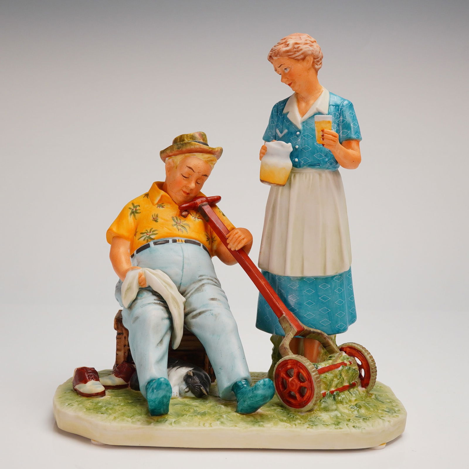 Norman Rockwell "Summer â€ Cool Aid" Matte Figurine by Gorham: A single hand-painted ceramic or porcelain figural group titled "Summer â€ Cool Aid," produced as a matte figurine by Gorham. This piece is inspired by Norman Rockwell's Four Seasons Illustratio
