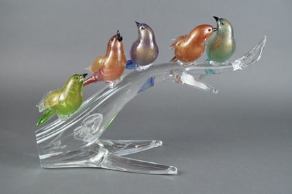 Formia Murano Art Glass Sculpture of Five Birds on a Branch