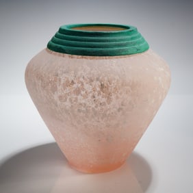Art Deco Style Frosted Spatter Glass Vase with Textured Green Rim