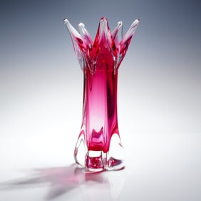Mid-Century Modern Sommerso Cranberry & Clear Art Glass Starburst Vase