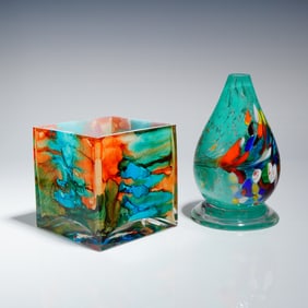2pc Contemporary Studio Art Glass Tear Drop and Square Vases