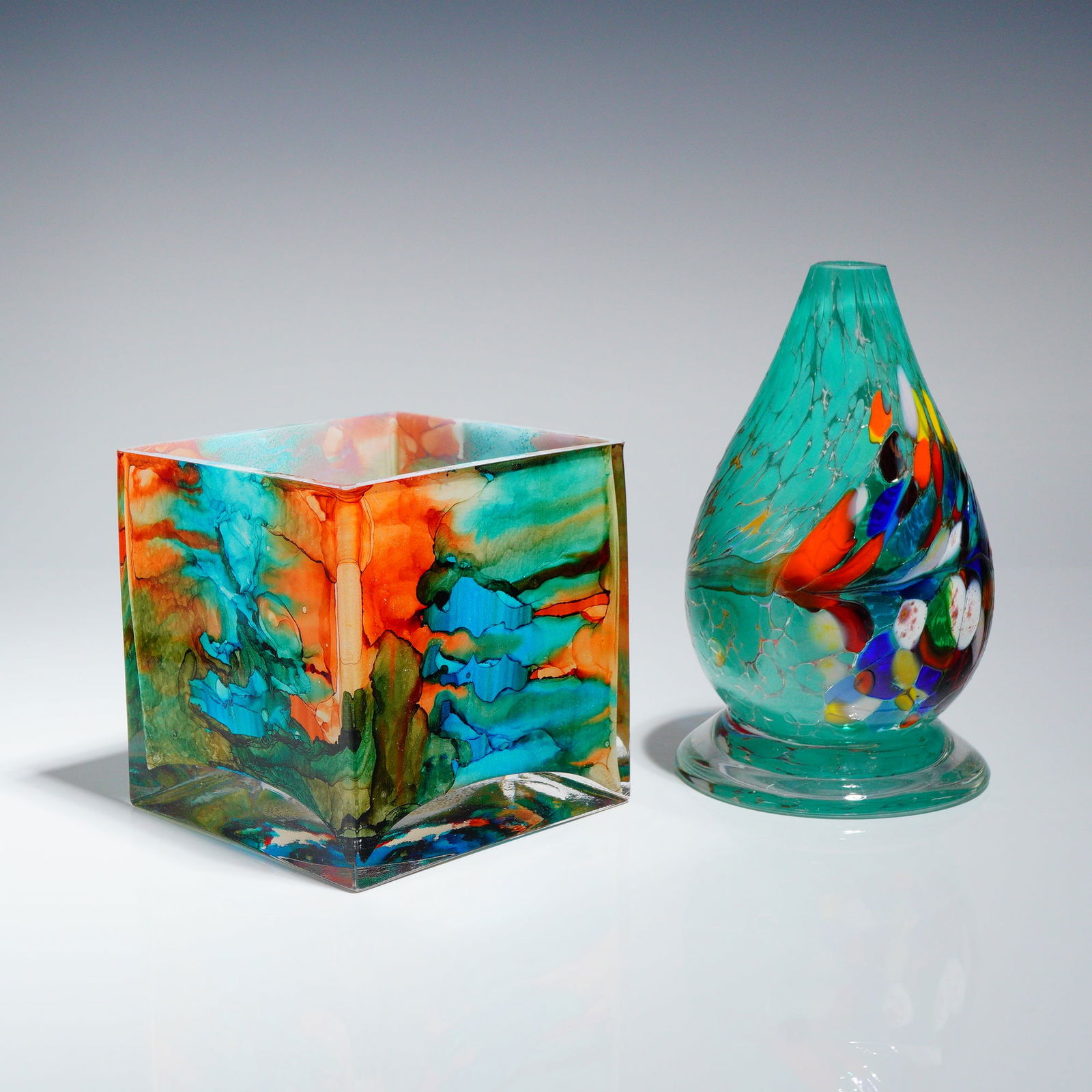 2pc Contemporary Studio Art Glass Tear Drop and Square Vases (1 of 3)