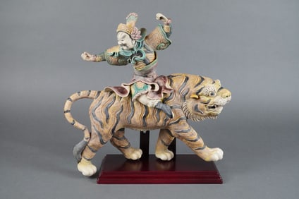 Chinese Polychrome Earthenware Warrior Riding Tiger Roof Tile Sculpture