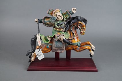 Chinese Polychrome Glazed Ceramic Roof Tile Sculpture of a Warrior on Horse