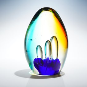 Abstract Studio Art Glass Egg Paperweight with Controlled Bubbles