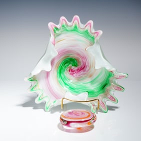 2pc Art Glass Murano Style Centerpiece Bowl & Paperweight