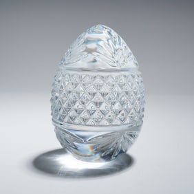 French Cut Crystal Glass Egg Paperweight with Hobnail and Foliate Motifs
