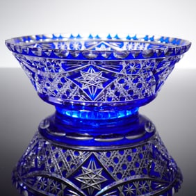 Bohemian Cobalt Blue Cut Crystal Centerpiece Bowl