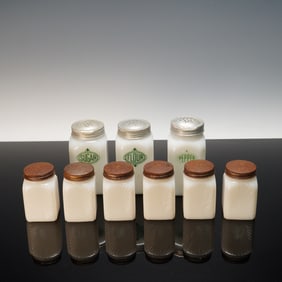9pc Milk Glass Kitchen Shaker and Spice Jar Collection