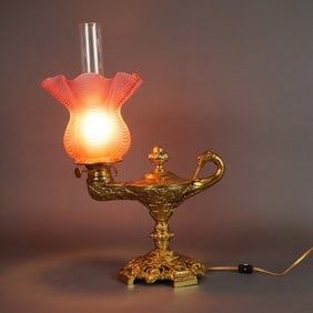 Brass Genie Lamp with Pink Opalescent Swirl Glass Lampshade