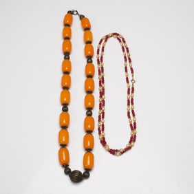 2pc Art Deco Style Orange Resin and Red Glass Beaded Necklaces