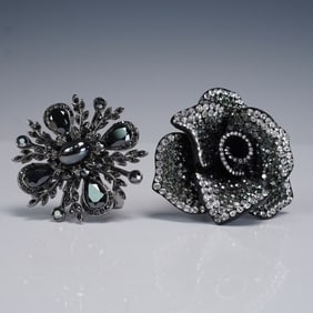 Pair of Glamorous Jet Black & Crystal Costume Brooches Rose & Floral Motif