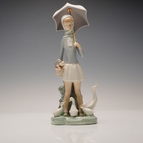 Lladro Porcelain Figurine, Girl with Umbrella and Geese 1004510