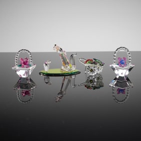 4 Iris Arc/ZOO Crystal Figurines, incl. Baskets, Flower Cart & Cat/Dog Pair