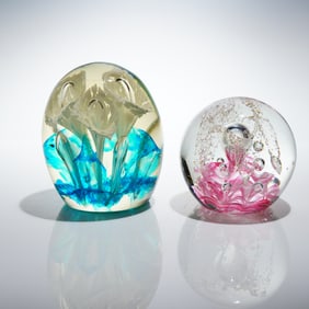2pc Hand Blown Glass Paperweights with Floral Designs