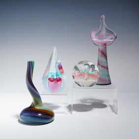 4pc Contemporary Studio Art Glass Vases and Paperweights