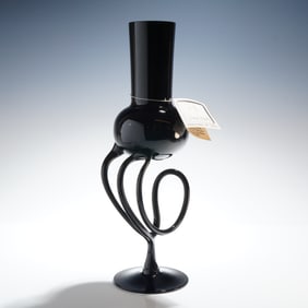 Hand Blown Modern Black Art Glass Bud Vase with Tendril Stem