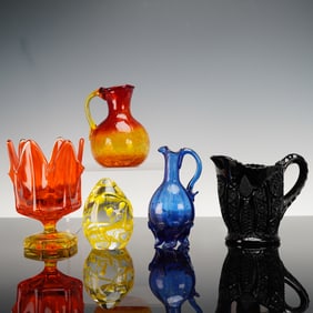 5pc Glass Colored Vases, Jugs, and Paperweight