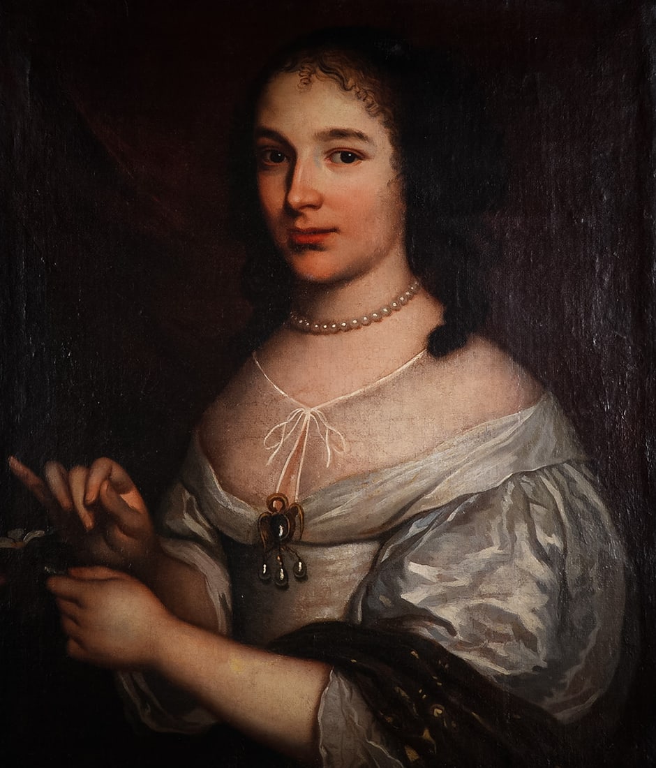 Circle of Sir Peter Lely, Oil on Canvas, Portrait of a Elegant British Lady: An evocative oil on canvas portrait of an elegant British lady, painted in the circle of Sir Peter Lely. The sitter is dressed in a lustrous white silk gown, enhanced with a pearl necklace and a jewel