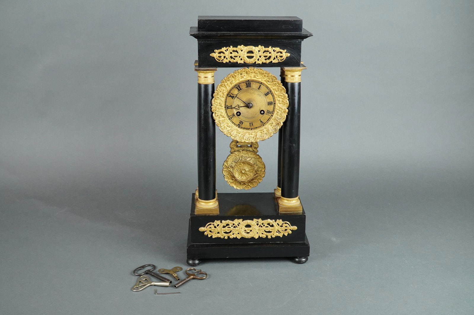 French Empire Gilt Bronze Mounted Ebonized Portico Clock (1 of 5)