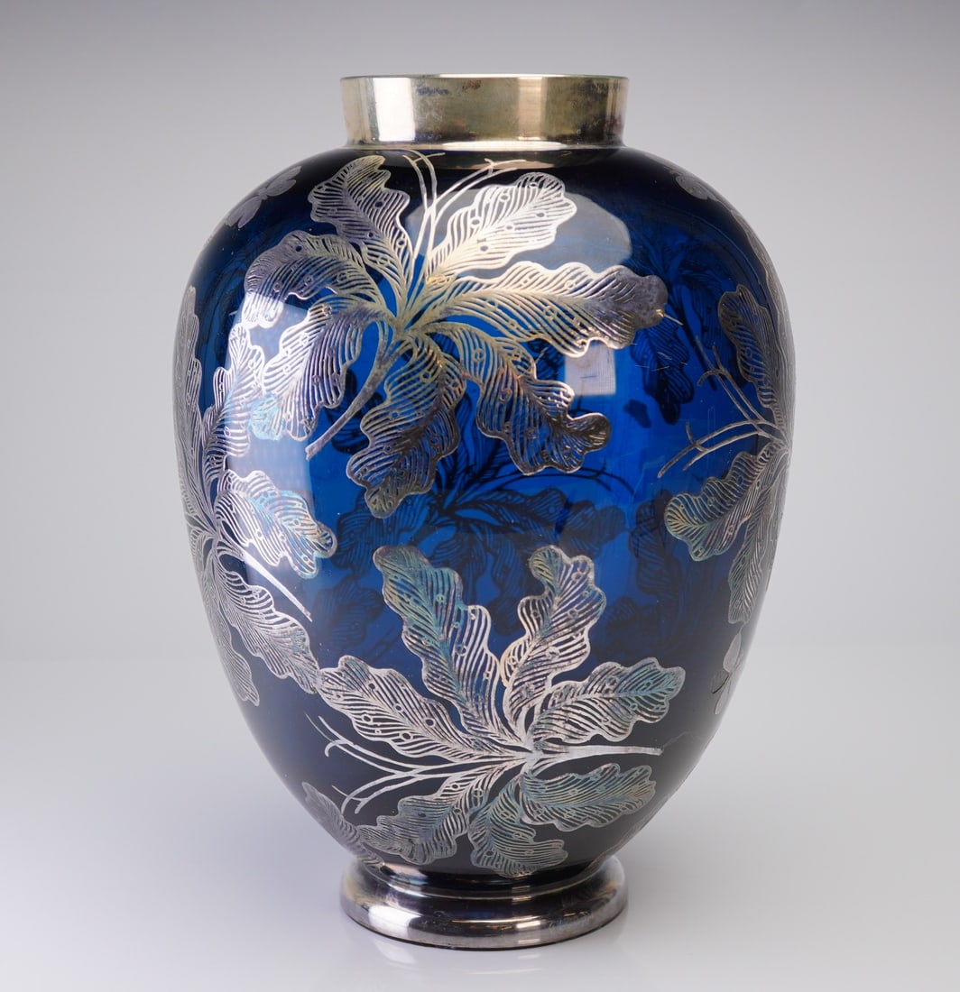 Art Nouveau Ornate Floral Silver Overlay Cobalt Glass Vase (1 of 4)