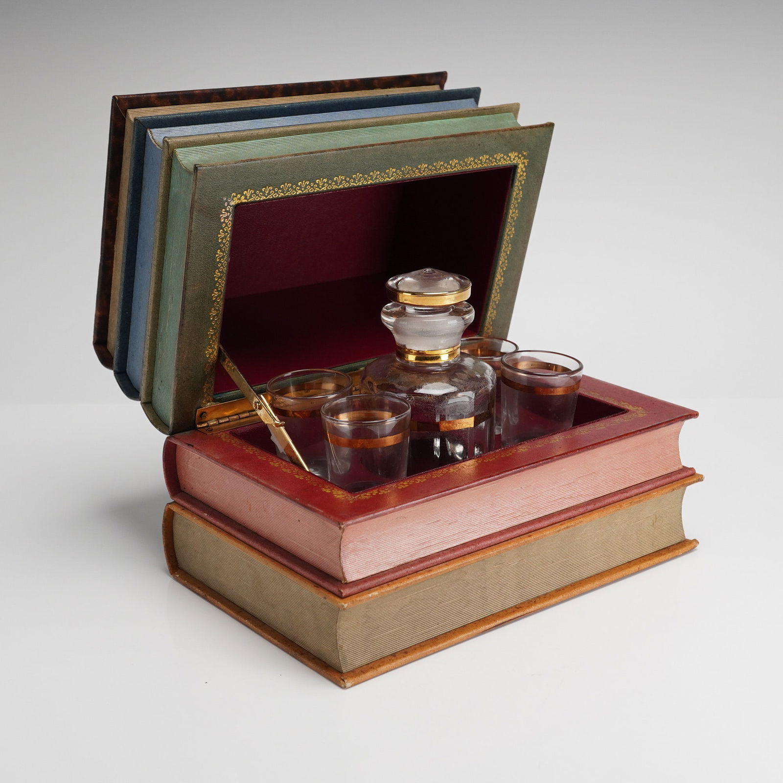 5pc French Faux Book Tantalus Liquor Cabinet, Decanter & Shot Glasses (1 of 5)