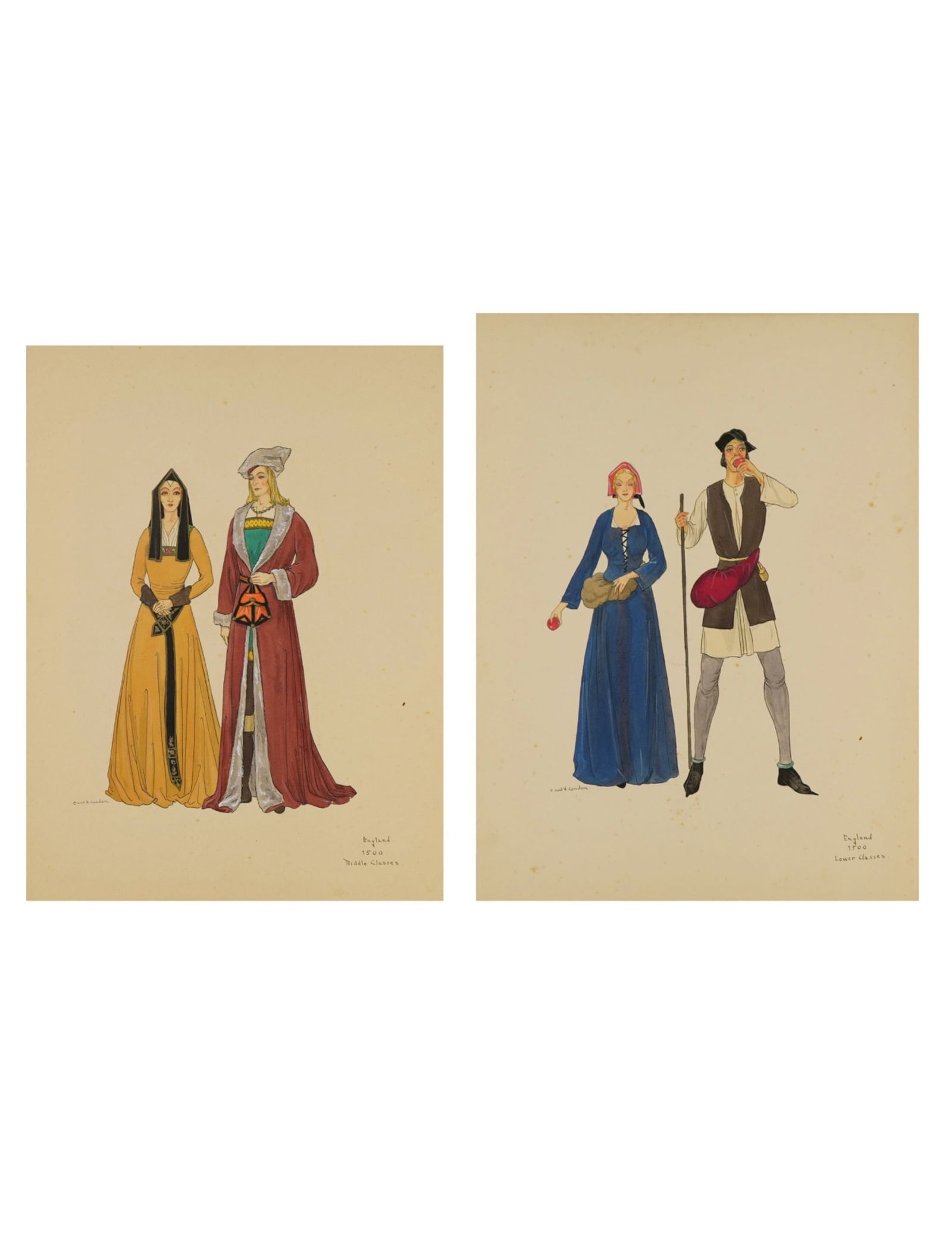 H. & C. Condon, 2pc Costume Design Watercolors & Ink on Paper, Signed (1 of 7)