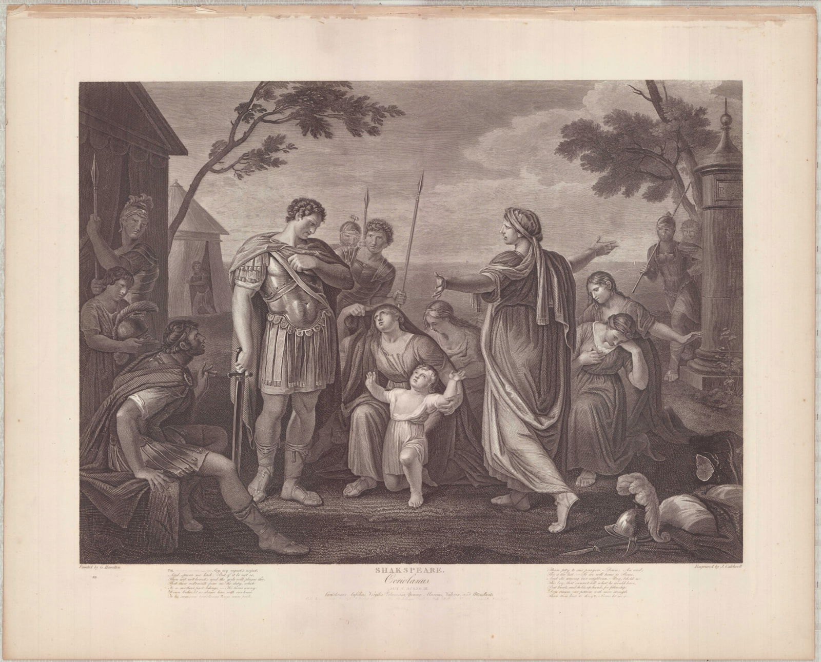 Gavin Hamilton Engraving Coriolanus Boydell Gallery 1790: A large-format Neoclassical engraving on paper engraved by J. Caldwell (British, c. 1739?€1819) after Gavin Hamilton (Scottish, 1723?€1798) depicting a scene from William Shakespeare's trage
