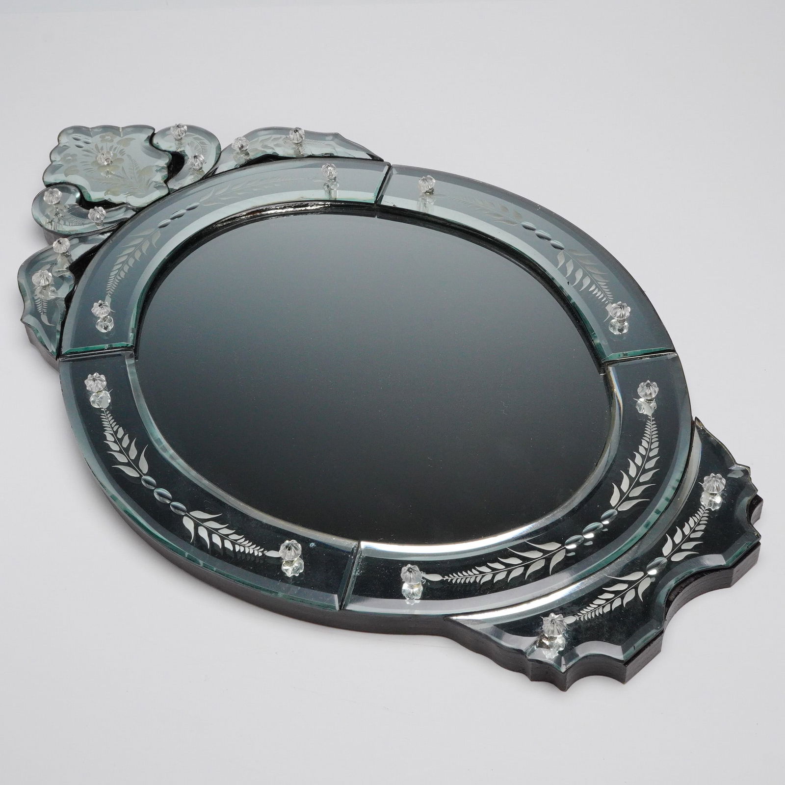 Mid-Century Style Venetian Etched Glass Oval Hanging Wall Mirror (1 of 5)