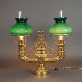 Harvard Antique Brass Dual Head Student Lamp with Green Metal Lampshades