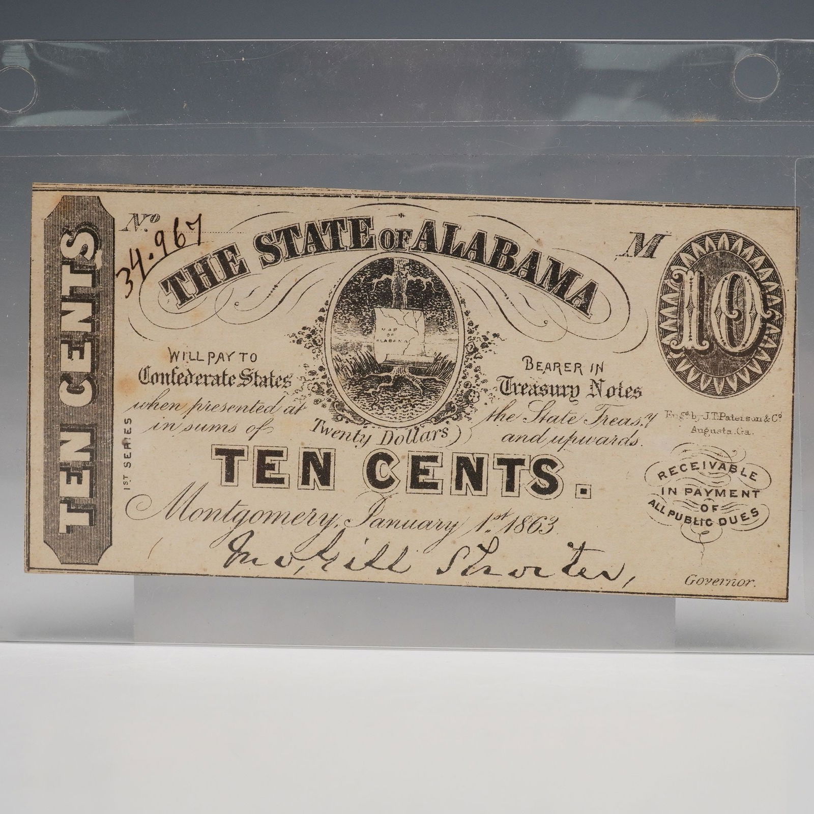 1863 The State of Alabama Ten Cents Treasury Note (1 of 5)